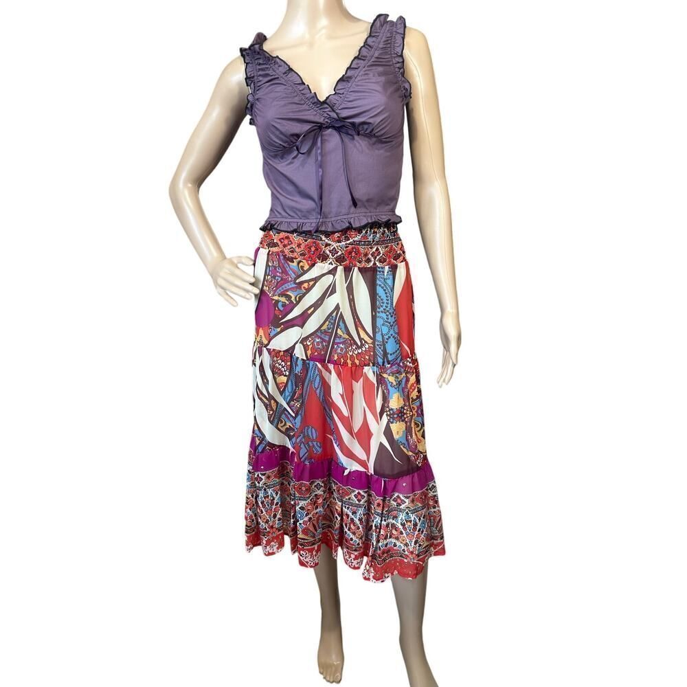 Cache BOHO Tiered Gypsy Festival Colorful Beaded Smock Waist Midi Skirt SZ Large